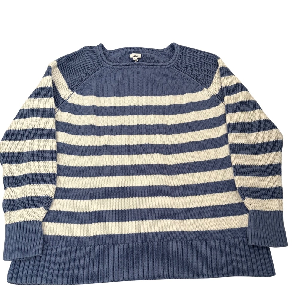 Aerie Blue White Striped Cotton Knit Raglan Sweater Medium Nautical Coastal